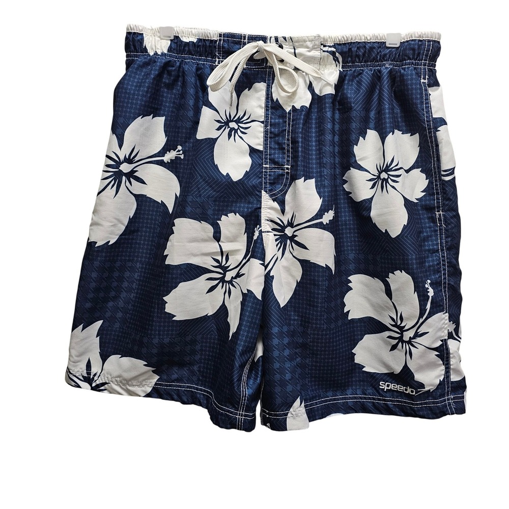 Speedo Retro Navy Blue White Hibiscus Floral Board Shorts Resort Surf Y2K Large
